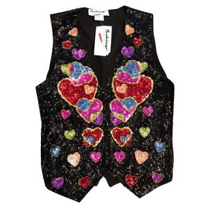 Vintage Fashion Fantasy Sequined Vest Valentines Day Hearts Love Bling